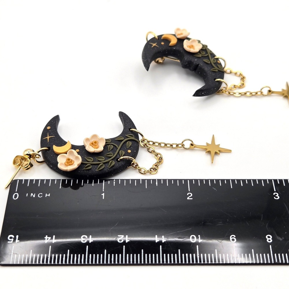 Handmade Dark Forest Crescent Moon Flower Star Dangle Earrings Black Gold Tone - Picture 7 of 8